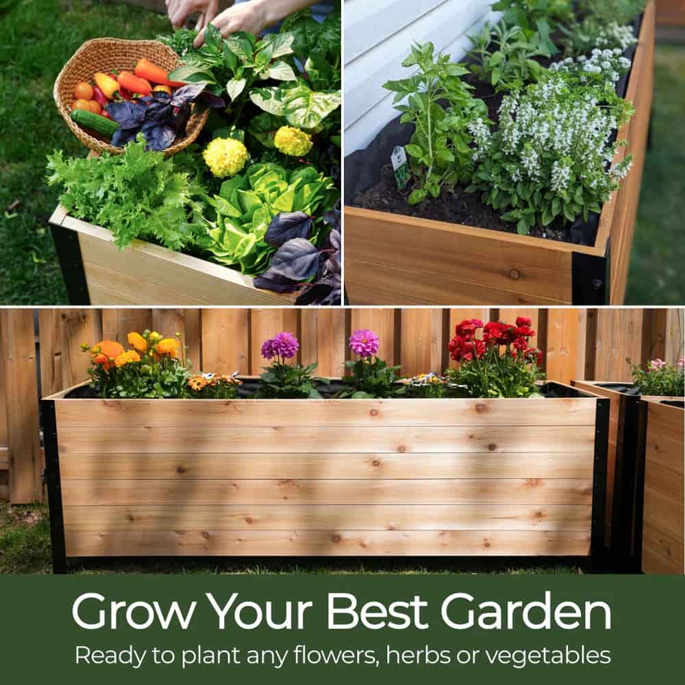 Collage of wooden garden planters with plants and flowers, promoting gardening.