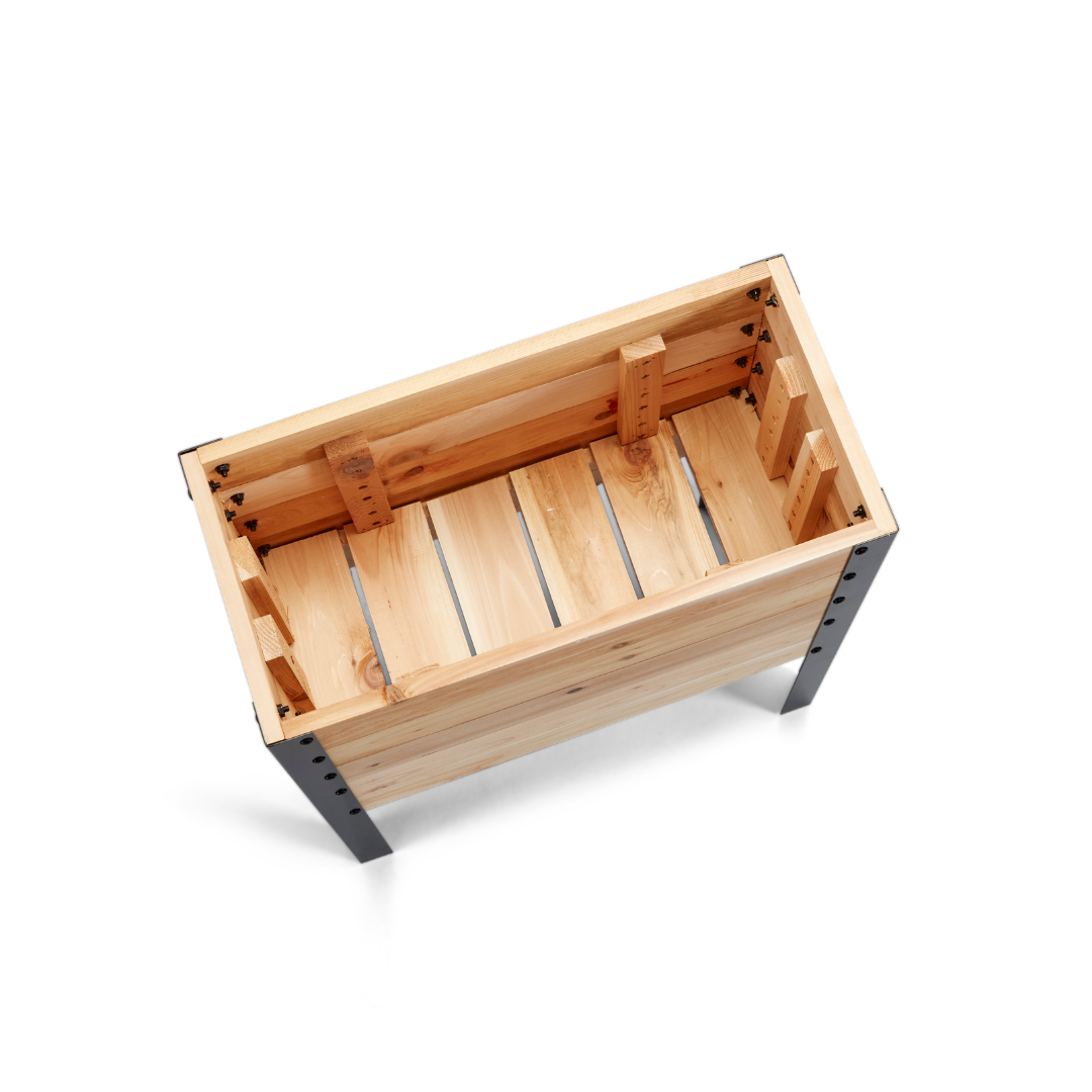 Wooden crate with metal legs on a white background