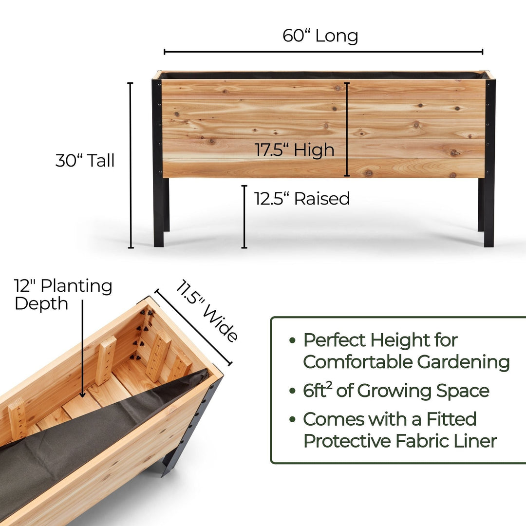 Wooden planter box with dimensions and features on a white background